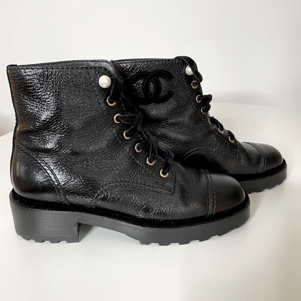 Chanel Pearl Embellished Crackled Calfskin Leather Boots, Size 39